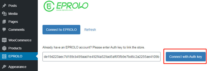 Connect with Auth Key EPROLO dropshipping platform