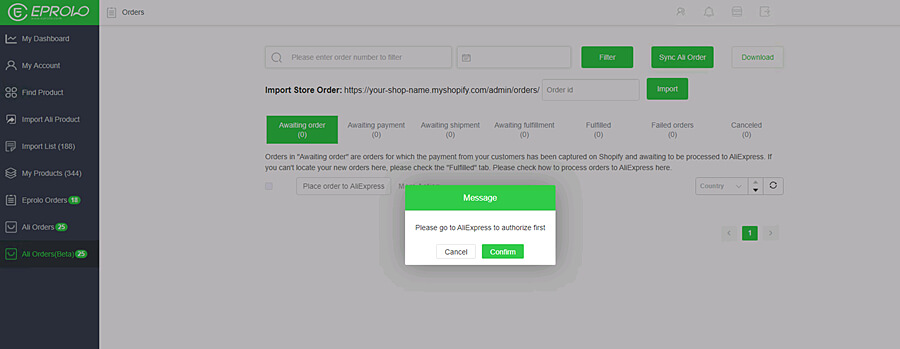 Authorization EPROLO dropshipping platform