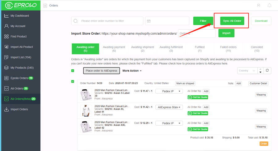 Sync Ali Order EPROLO dropshipping platform