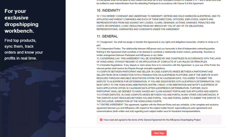 agree on the Aliexpress agreements and terms EPROLO dropshipping platform