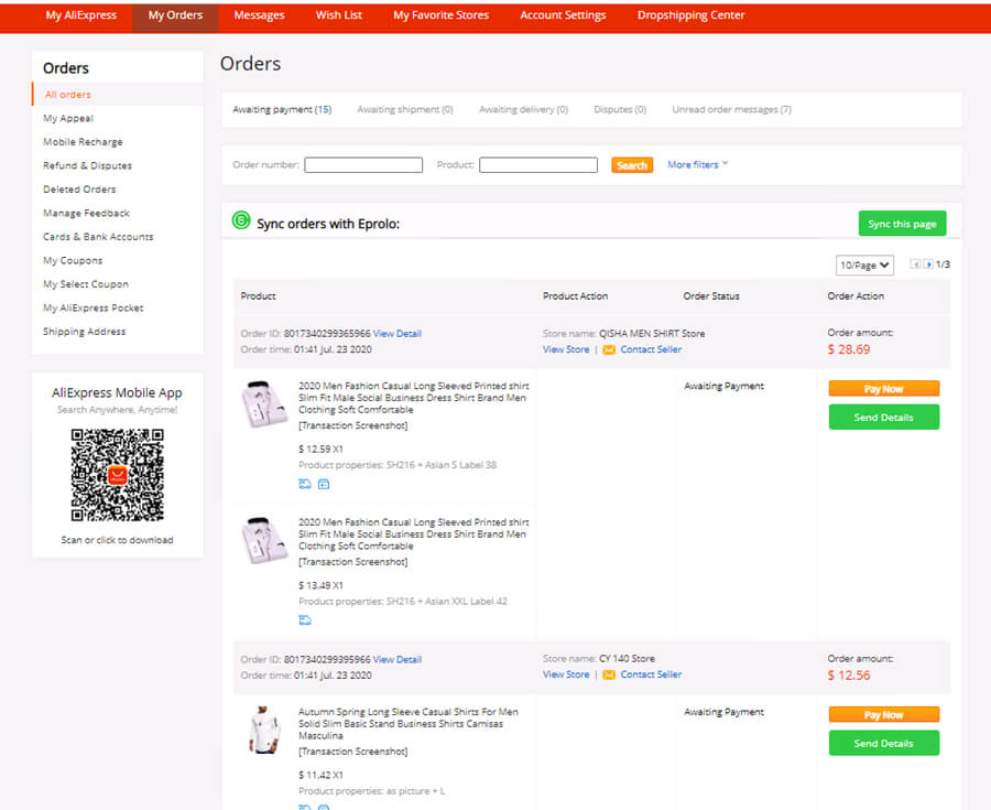 pay the orders EPROLO dropshipping platform