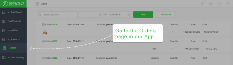 Go to the Orders page EPROLO dropshipping platform