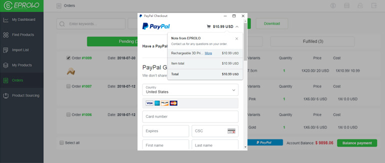 pay for orders EPROLO dropshipping platform