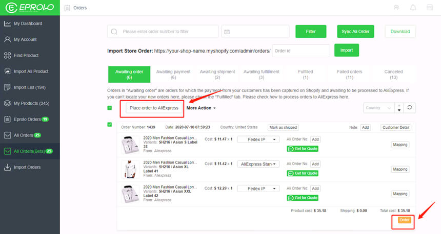 placing orders from EPROLO woocommerce dropshipping