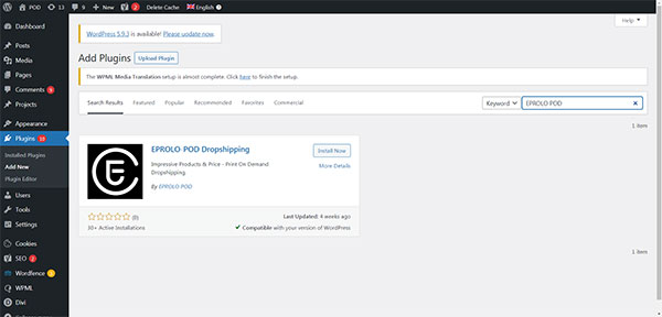 Install EPROLO POD wordpress print on demand plugin